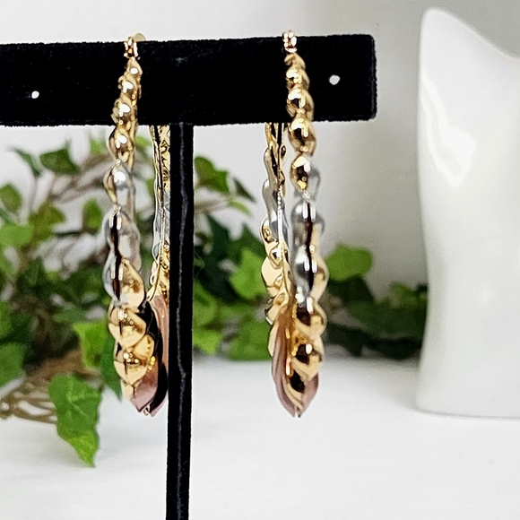 Gold Filled Tri Color Plated Scalloped Hollow Hoop Earrings - Picture 4 of 6